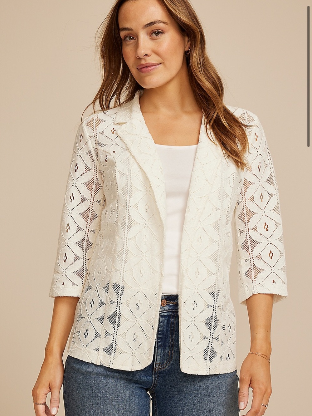 Cream Crochet Lace Open Blazer Jacket